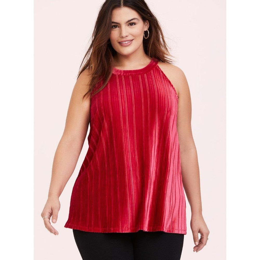 Torrid Size 2X Red Velvet High Neck Halter Pleated Goddess Sleeveless Tank Top